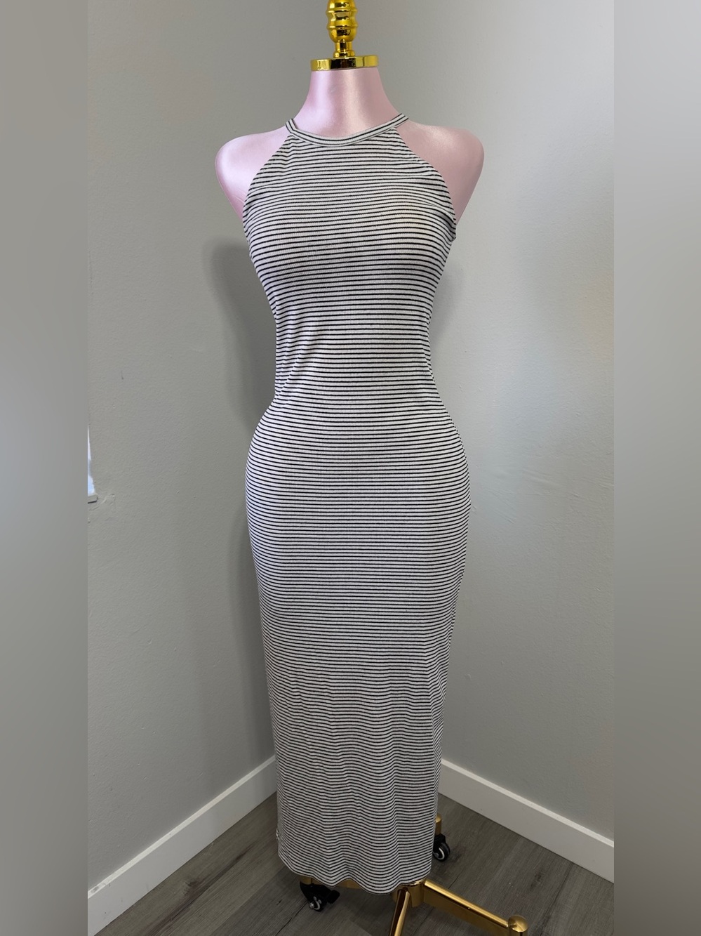 Heart Hips Black & White Striped Halter Maxi Dress